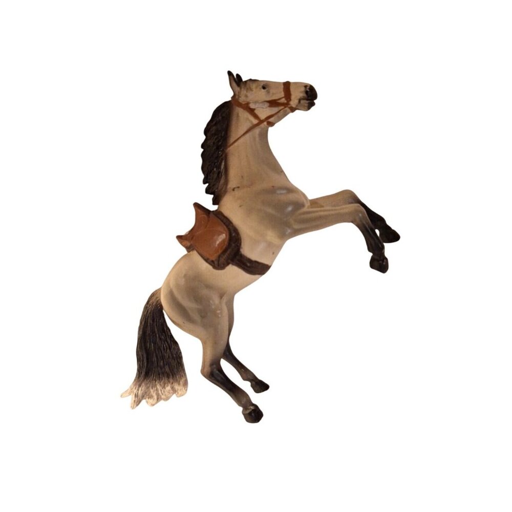 New Ray Horse Rearing Gray White Molded Brown Saddle Bridle 5x3"